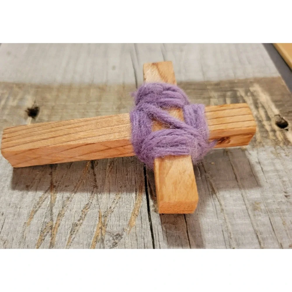 VINTAGE WOODEN CROSS PENDANT With Purple Wrap 3 Inches Large‎